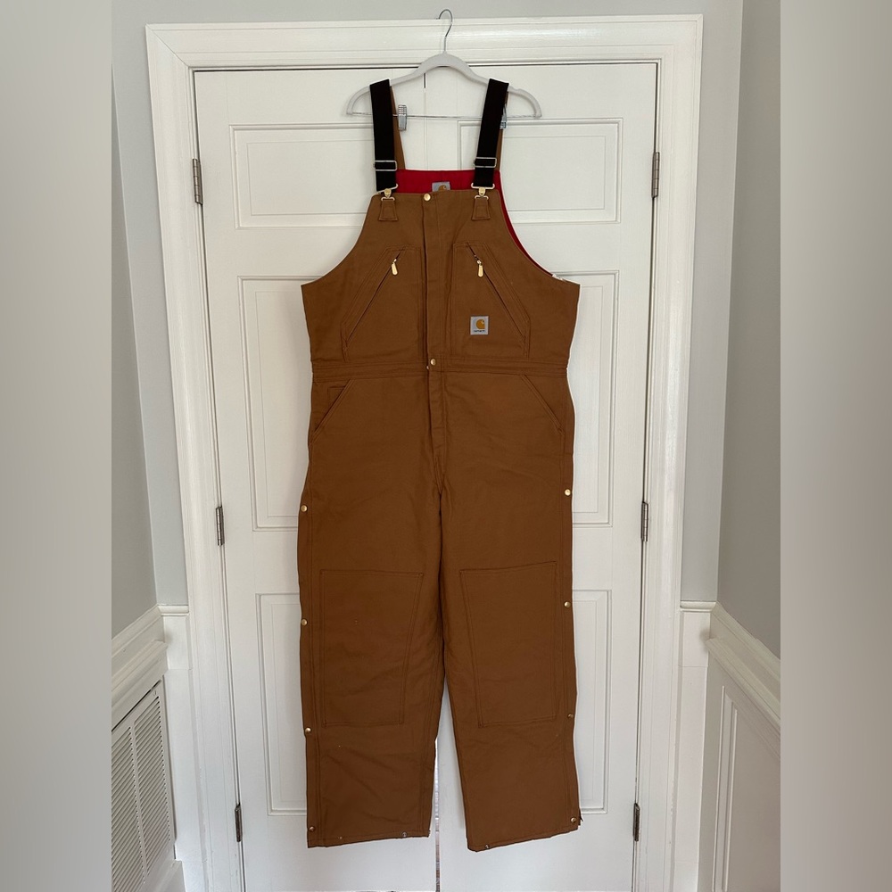 NWT Carhartt Brown Duck Insulated Bib Overalls Red Quilt Lined BRN Men's 42x34